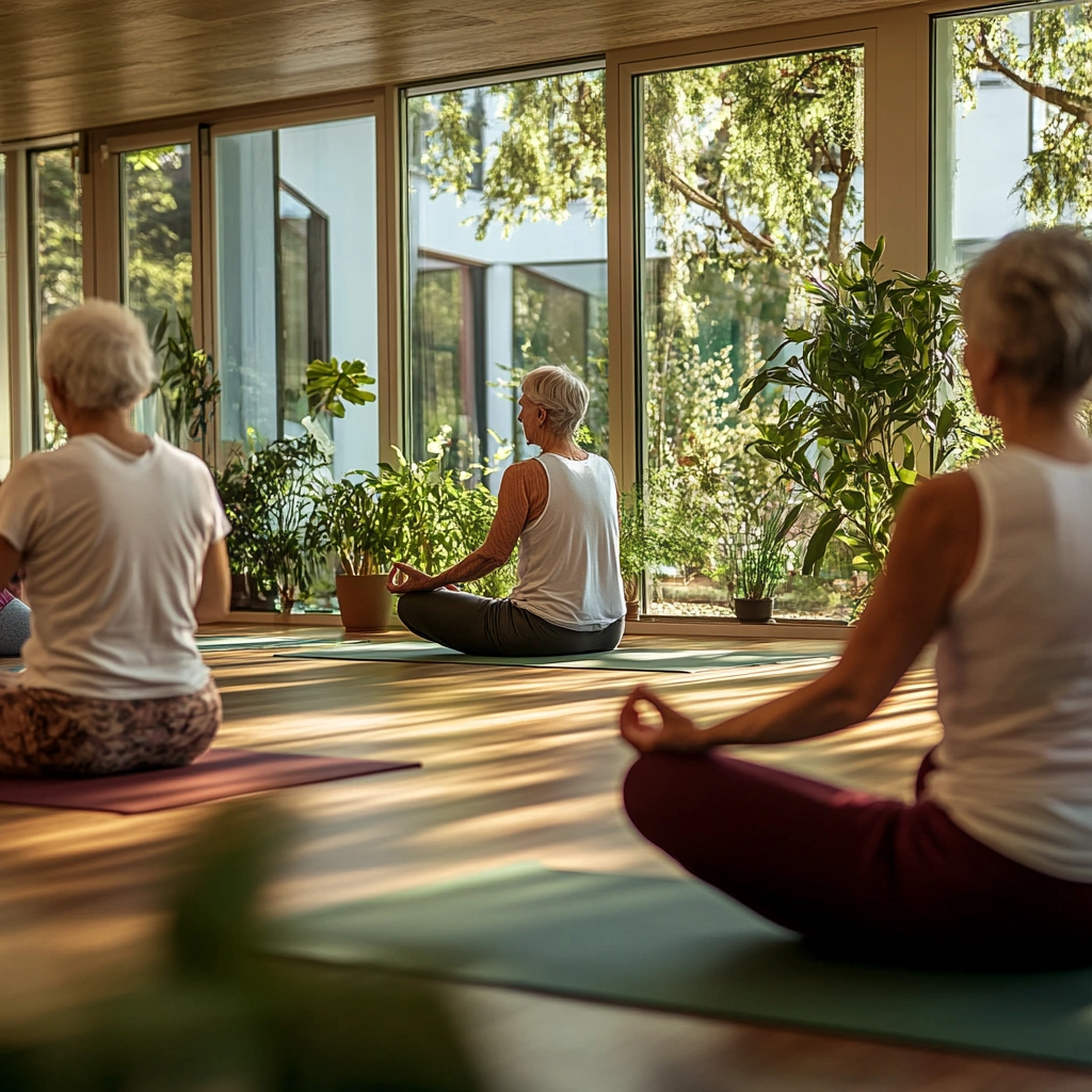 Гармонійне заняття йогою для літніх людей у спокійній атмосфері