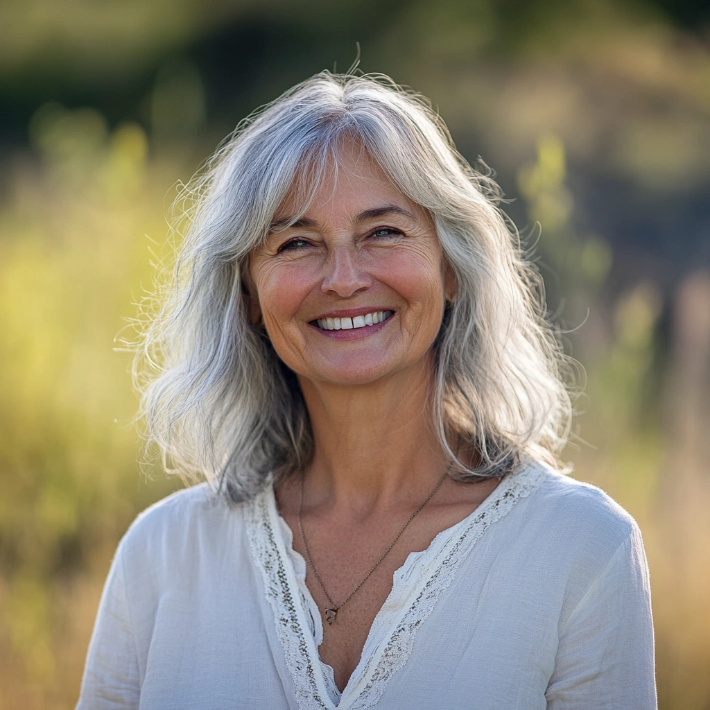 Задоволена літня жінка після занять йогою